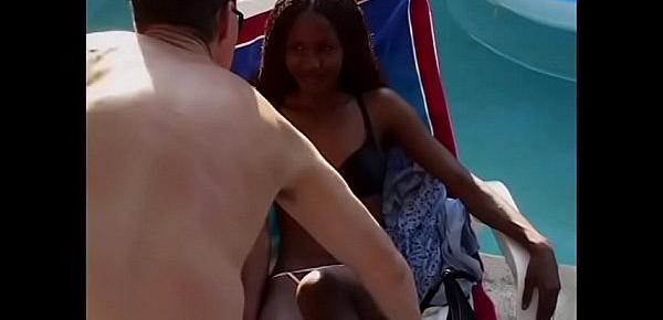  Young ebony Kafe with small tits gets some white cock banging by the pool